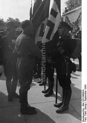 Adolf Hitler and Jakob Grimminger at the 1934 flag consecration